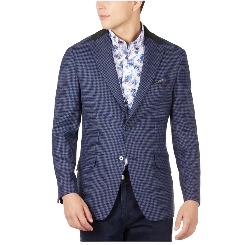 Tallia Houndstooth Wool Sport‎ Coat Men 40R Blue
